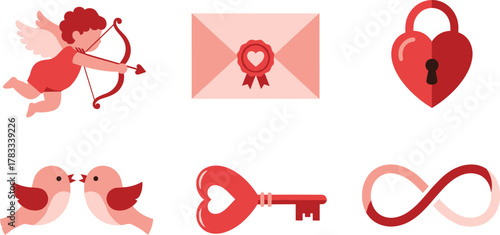 Valentine's day love icons featuring cupid envelope heart lock kissing birds key and infinity symbol