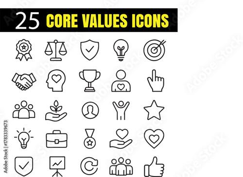 Core Values Vector Set | Minimal Outline Icons Collection of Business Ethics, Integrity, Teamwork, and Leadership Concepts