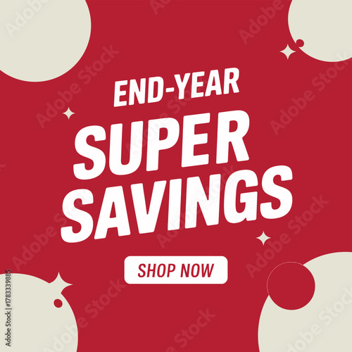 End-year super savings event with a 'shop now' button calls for action.