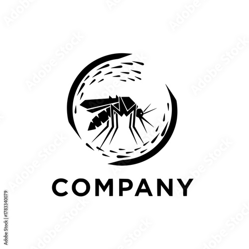 Stylized mosquito logo design with a dynamic circular swoosh, representing a modern pest control company brand identity