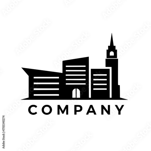 Modern company logo featuring a silhouette of a cityscape with architectural buildings and a tall tower, perfect for corporate branding and urban development