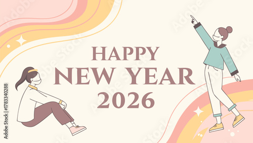Happy new year 2026 celebration banner featuring joyful people
