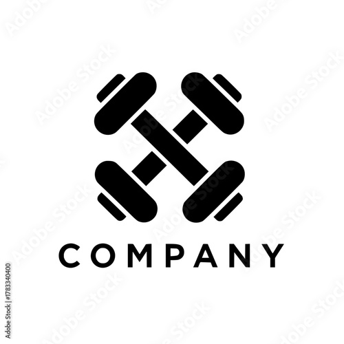 Modern minimalist logo design featuring two crossed dumbbells forming an X shape, a powerful icon for a gym, fitness center, or personal training brand