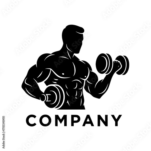 Fitness and bodybuilding logo concept featuring a powerful man doing bicep curls with dumbbells, a symbol of strength and exercise