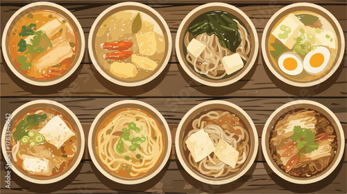 Varietà di gustosi piatti di noodle asiatici serviti in ciotole su un tavolo di legno