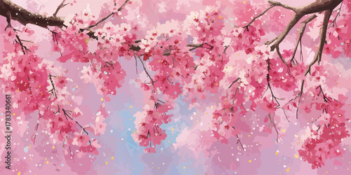 Fioritura primaverile di ciliegi in un cielo rosa e blu con petali che cadono dolcemente