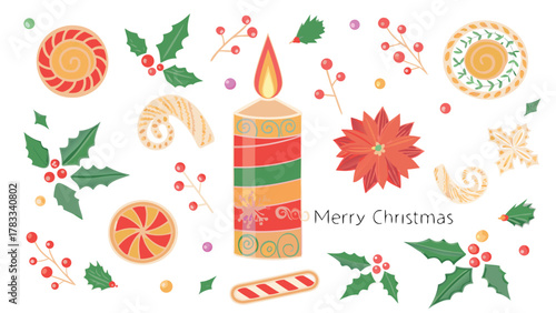 Festive christmas elements including a lit candle poinsettia holly berries and various cookies arranged on a white background with merry christmas text