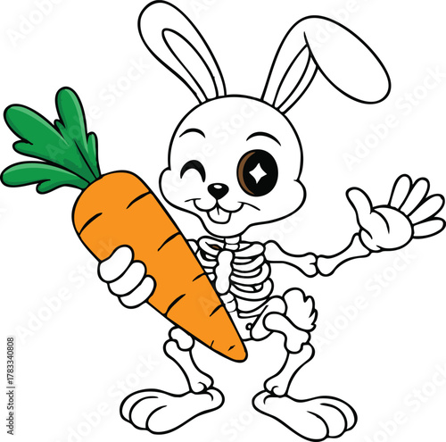 Cartoon bunny holding a carrot skeleton bunny winking