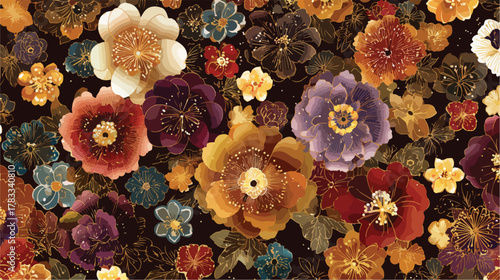 Un'esplosione di fiori colorati e vibranti su sfondo scuro, un pattern decorativo artistico.