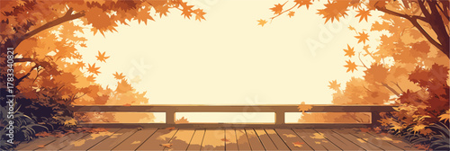 Un ponte in legno circondato da alberi autunnali con foglie colorate al tramonto.