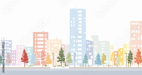Illustrazione stilizzata di una città moderna con edifici colorati e alberi in primo piano.
