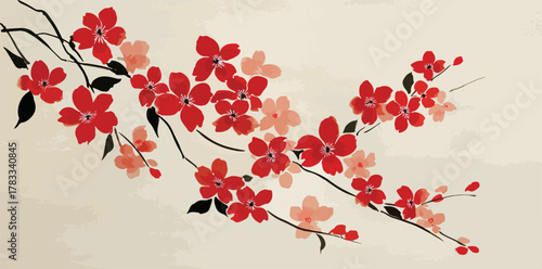 Un ramo di fiori di ciliegio rossi dipinti in stile tradizionale giapponese su sfondo chiaro