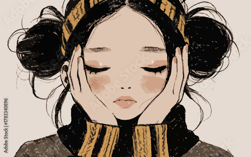 Ritratto espressivo di una giovane donna con le mani sul viso, in stile illustrativo.