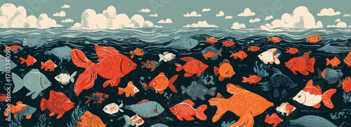 Un'illustrazione colorata di pesci di varie forme e dimensioni che nuotano in un mare blu scuro, con nuvole bianche sopra.