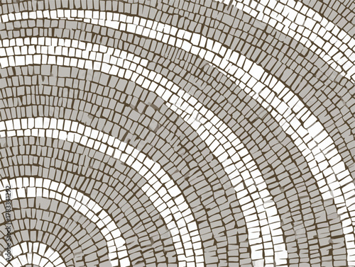 Un'astratta composizione vettoriale di piastrelle bianche e grigie che creano un effetto di cerchi concentrici, ideale per sfondi e design moderni.