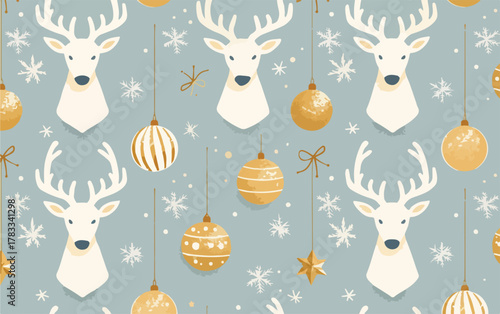 Elegante illustrazione vettoriale di un motivo natalizio senza soluzione di continuità con renne, decorazioni dorate e fiocchi di neve su sfondo azzurro.