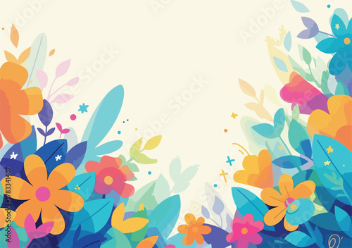 Un'illustrazione vettoriale vibrante di fiori colorati e foglie lussureggianti, ideale per sfondi creativi e design floreali.