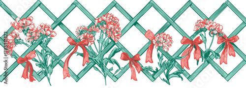 Un'elegante composizione floreale con fiori rosa, nastri rossi e un traliccio verde, ideale per design e decorazioni.