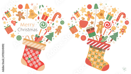 Two festive christmas stockings overflowing with holiday treats and decorations in a joyful celebration