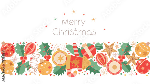 Festive merry christmas border design with traditional ornaments holly berries and candy canes on a white background