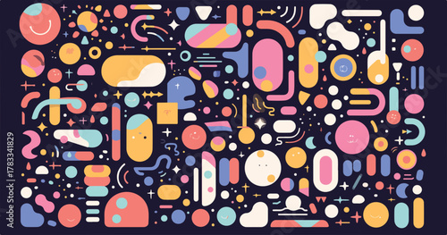 Vettore astratto di forme organiche e geometriche colorate su sfondo scuro, pattern vibrante.