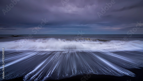 Fototapeta Naklejka Na Ścianę i Meble -  Long exposure of a powerful ocean wave on a black sand beach
