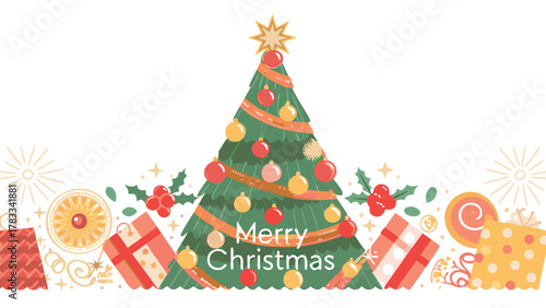 Festive merry christmas illustration with a decorated evergreen tree surrounded by gifts and holiday ornaments