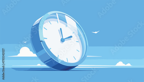 Orologio analogico inclinato su sfondo minimalista blu cielo, concetto di gestione del tempo.