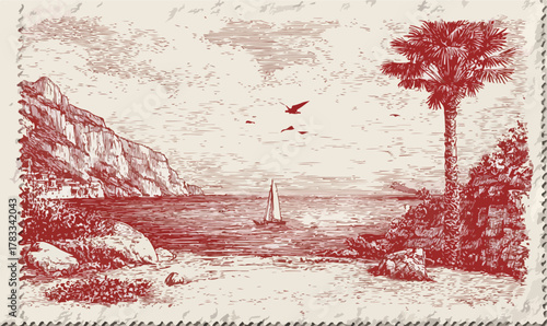 Incisione vintage di paesaggio marino tropicale con palma, barca a vela e scogliere, stile francobollo.