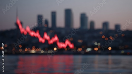 A blurred city skyline with neon zigzag, symbolizing economic fluctuation; urban mystique, futuristic festival of lights