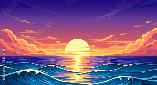 Ocean Sunset Landscape with Waves and Clouds Illustration