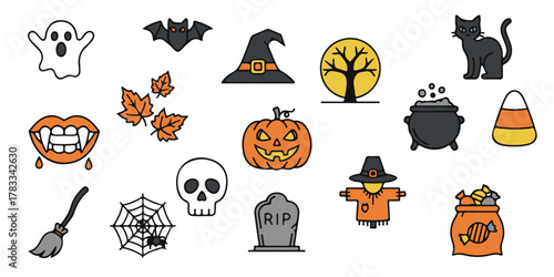A collection of colorful cartoon Halloween icons including a ghost, pumpkin, bat, and witch hat, isolated on a white background.