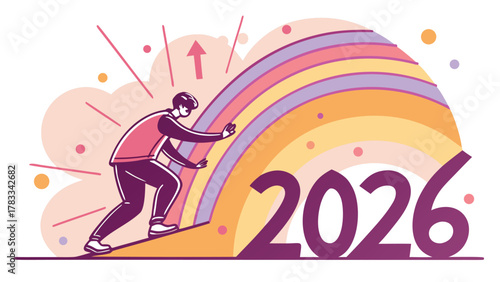 Man pushing up to 2026, achieving new year goals and success