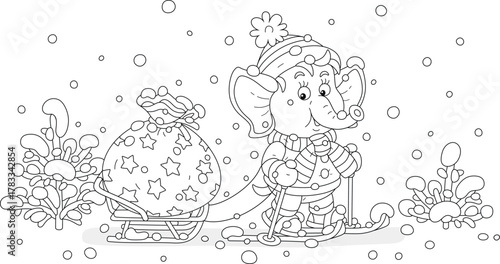 Cute little elephant skier pulling its sledge with a holiday gift bag full of toys and sweets, black and white vector cartoon illustration for a coloring book