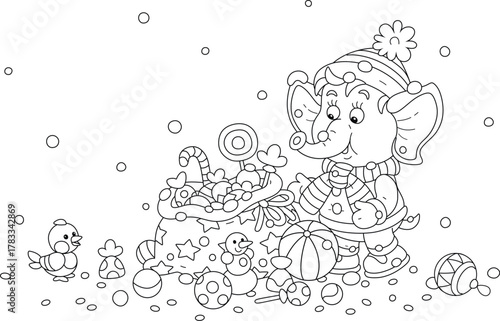 Cute little elephant in winter clothes with a holiday gift bag full of funny toys and sweets, black and white vector cartoon illustration for a coloring book