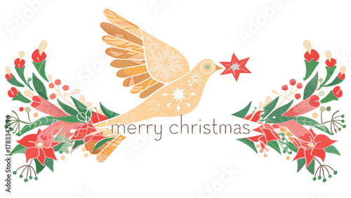 Peaceful dove carrying a star in its beak with festive poinsettias and berries wishing merry christmas
