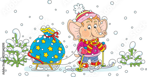 Cute little elephant skier pulling its sledge with a holiday gift bag full of toys and sweets, vector cartoon illustration on a white background
