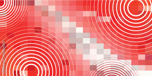 Abstract red background with a pixelated mosaic pattern and white concentric circles creating a ripple effect.