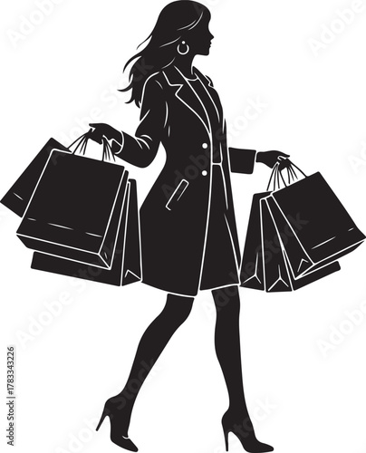 Silhouette of a woman walking with shopping bags, fashion and retail concept, white background.