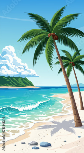 Idyllic Beach Scene with Palm Trees, Turquoise Water, and Blue Sky, Perfect for Relaxation