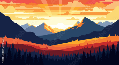 A breathtaking panoramic flat design illustration of a vibrant mountain landscape at sunrise, with layered peaks and a dense forest bathed in warm, golden light and dramatic sun rays