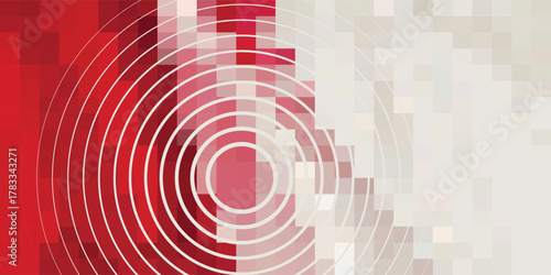 Abstract red and white pixelated background with concentric circles creating a ripple effect.