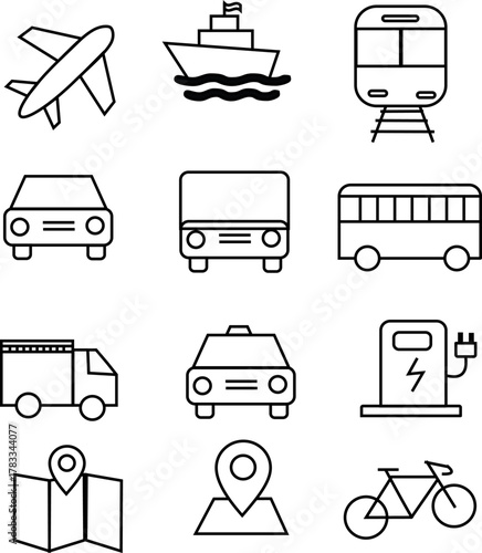 A clean line icon set featuring transportation and travel symbols including airplane, ship, train, car, bus, truck, electric charging station, map, location pin, and bicycle. Simple outline vector sty