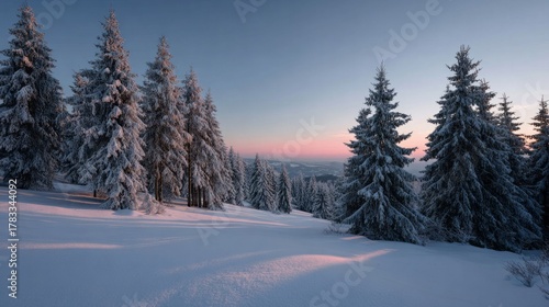 Snow-laden pines bask in ethereal twilight, perfect for Frosty February, Winter Solstice, nature's frozen whispers in serene wilderness