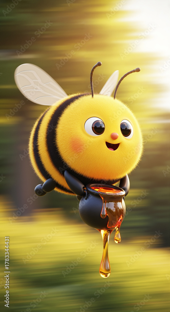 Naklejka premium Cute 3D bee character flying with a pot of honey in a sunny forest. Adorable cartoon insect illustration for children's projects.