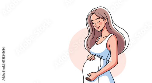 Beautiful smiling pregnant woman tenderly embracing her belly. Motherhood and new life concept vector illustration