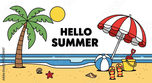 Hello Summer Beach Scene with Palm Tree, Umbrella, and Beach Toys Celebrating the Season