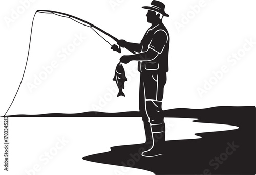  Silhouette of man fishing beside lake, holding rod and fish, white background