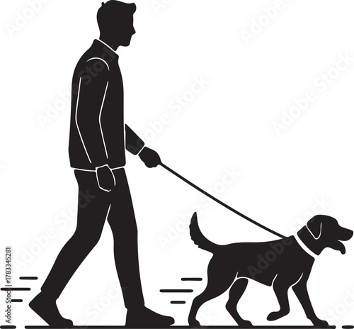  Silhouette of man walking dog on leash, outdoor companionship concept, white background