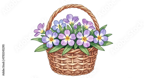 Hand-woven wicker basket brimming with delicate purple and blue spring flowers, a charming floral arrangement